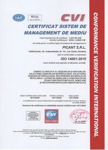 Certificatul ISO 14001:2015, sistem de management de mediu, emis pentru PICANT S.R.L.