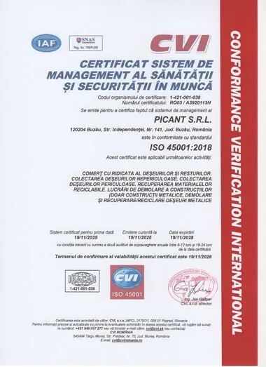 Certificatul ISO 45001:2018, sistem de management al sănătății și securității în muncă, emis pentru PICANT S.R.L.