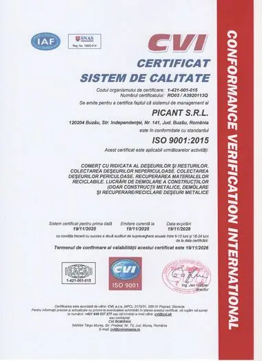 Certificatul ISO 9001:2015, sistem de management al calității, emis pentru PICANT S.R.L.